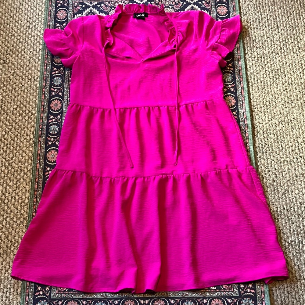DKNY Hot Pink Short Sleeve Ruffle Tiered Dress